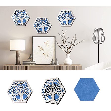 SUPERDANT 1 Pc Hexagon Acoustic Panels Self-Adhesive Blue Felt Tree Cutout Wooden Decorative Acoustical Wall Panels Sound Absorbing Panels Acoustic Wall Art for Bedroom Study Room