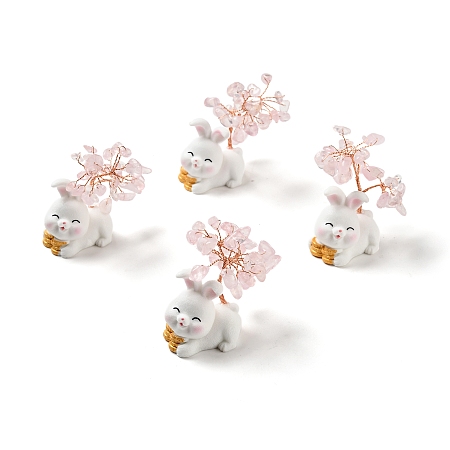 Honeyhandy Natural Rose Quartz Tree Display Decorations, Resin Rabbit Base Feng Shui Ornament for Wealth, Luck, Rose Gold, 26x42~49x62~64mm