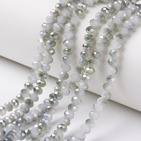 Honeyhandy Electroplate Glass Beads Strands, Imitation Jade Beads, Pearl Luster Plated, Half Green Plated, Faceted, Rondelle, Gainsboro, 4x3mm, Hole: 0.4mm, about 130pcs/strand, 16.54 inch(42cm)