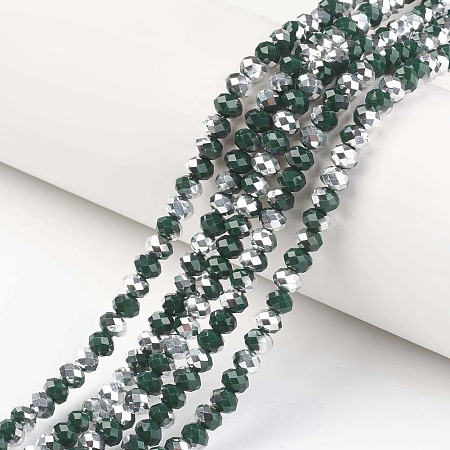 Honeyhandy Electroplate Opaque Glass Beads Strands, Half Silver Plated, Faceted, Rondelle, Dark Green, 4x3mm, Hole: 0.4mm, about 130pcs/strand, 16.54 inch(42cm)