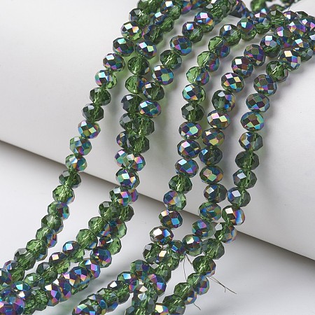 Honeyhandy Electroplate Transparent Glass Beads Strands, Half Multi-color Plated, Faceted, Rondelle, Olive Drab, 4x3mm, Hole: 0.4mm, about 130pcs/strand, 16.54 inch(42cm)