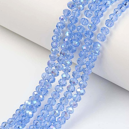 Honeyhandy Electroplate Glass Beads Strands, Half Rainbow Plated, Faceted, Rondelle, Cornflower Blue, 6x5mm, Hole: 1mm, about 85~88pcs/strand, 16.1~16.5 inch(41~42cm)