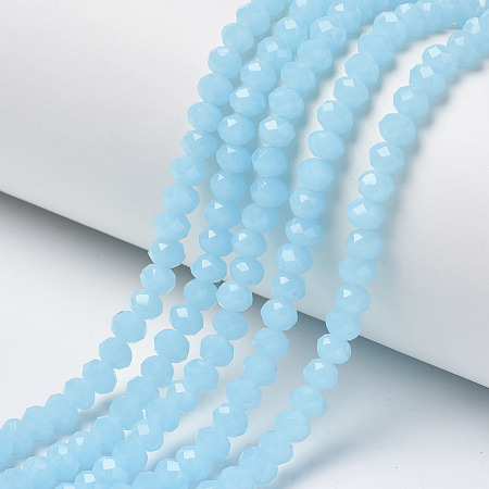 Glass Beads Strands, Imitation Jade, Faceted, Rondelle, Cyan, 8x6mm, Hole: 1mm, about 64~65pcs/strand, 40~41cm