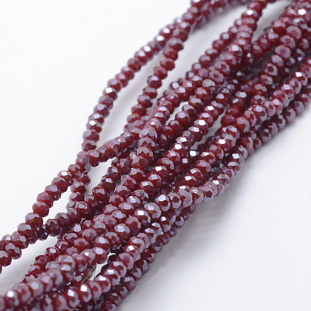 Honeyhandy Electroplate Opaque Glass Beads Strands, Pearl Luster Plated, Faceted, Rondelle, Dark Red, 2.5x1.5mm, Hole: 0.5mm, about 197~201pcs/strand, 12.9 inch(33cm)