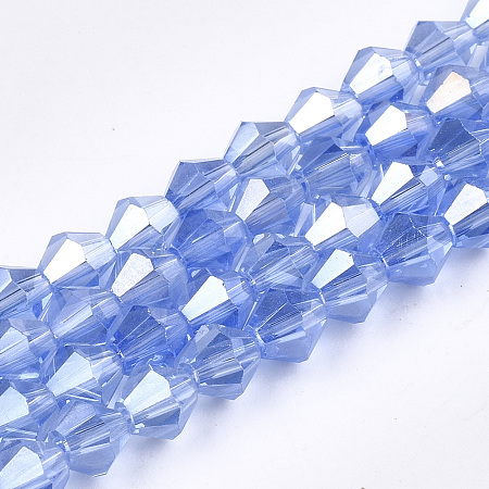 Honeyhandy Electroplate Glass Beads Strands, AB Color Plated, Faceted, Bicone, Cornflower Blue, 6x5.5~6mm, Hole: 1mm, about 47~48pcs/strand, 10.83 inch(27.5cm)