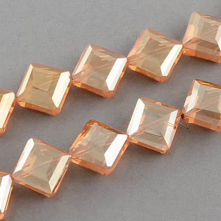 NBEADS Transparent Electroplate Faceted Glass Beads Strands, Square, PeachPuff, 17x17x7.5mm, Hole: 2mm; about 40pcs/strand, 25.1