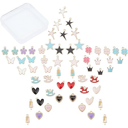 CREATCABIN 1 Box 60Pcs 10 Styles Colorful Star Charms Assorted Enamel Flower Pendant Alloy Butterfly Heart Clover Ice Cream Pendants Gold Plated for Jewelry Making Charms DIY Bracelets Findings