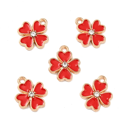Alloy Enamel Pendants, with Rhinestone, Light Gold, Clover, Red, 15.5x13x2.5mm, Hole: 1.8mm