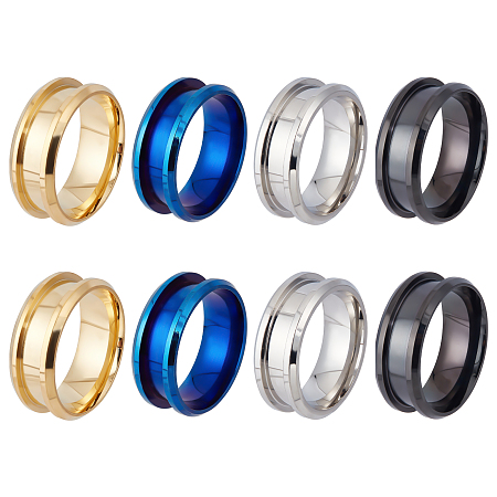 DICOSMETIC 8Pcs 4 Colors Stainless Steel Grooved Finger Ring Settings 8mm Ring Core Blank High Polished Gold, Blue, and Black Colors Finger Rings for Inlay Ring Jewelry Making