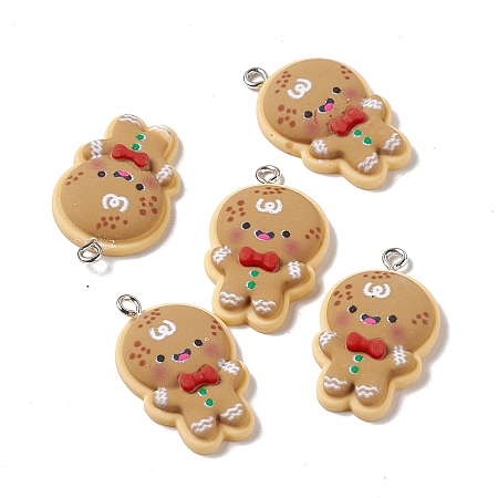 Honeyhandy Christmas Theme Opaque Resin Pendants, with Platinum Tone Iron Findings, Gingerbread Man, Tan, 30x18x5.5mm, Hole: 2mm