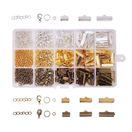 PandaHall Elite 420Pcs Jewelry Making Finding Kits of Ribbon Ends Lobster Claw Clasps Jump Rings Cord Ends with Twist Extender Chains In 3 Colors