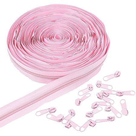 BENECREAT 11 Yard/10m Nylon Zippers #5 Sewing Zippers Nylon Coil Zippers with 20PCS Alloy Zipper Puller for Tailor Sewing Crafts, Pink