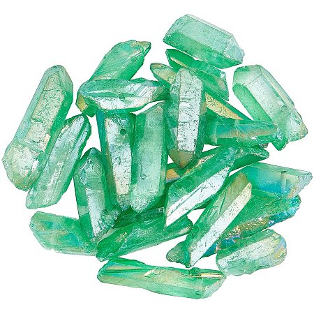 CHGCRAFT 23Pcs Electroplated Natural Quartz Crystals Raw Quartz Crystal Points Loose Beads for Jewelry Making Titanium Coated Polished Raw Quartz Points Beads Green