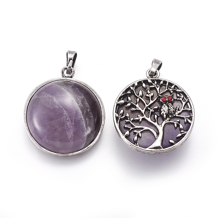 Honeyhandy Natural Amethyst Pendants, with Brass Findings and Rhinestone, Half Round with Tree of Life and Owl, 31x27x10~11mm, Hole: 5x7mm