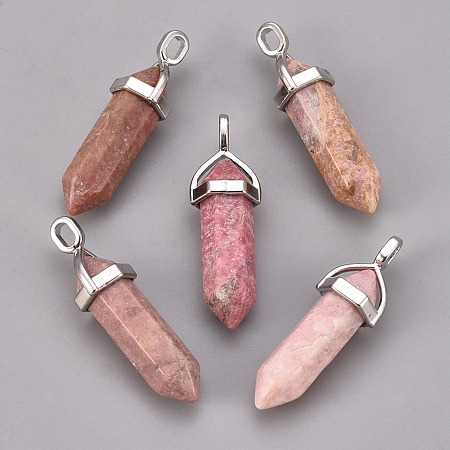 Honeyhandy Natural Rhodonite Double Terminated Pointed Pendants, with Random Alloy Pendant Hexagon Bead Cap Bails, Bullet, Platinum, 36~45x12mm, Hole: 3x5mm, Gemstone: 10mm in diameter
