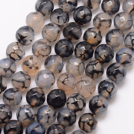 Honeyhandy Natural Dragon Veins Agate Bead Strands, Round, Grade A, Faceted, Dyed & Heated, Black, 8mm, Hole: 1mm, about 47pcs/strand, 15 inch