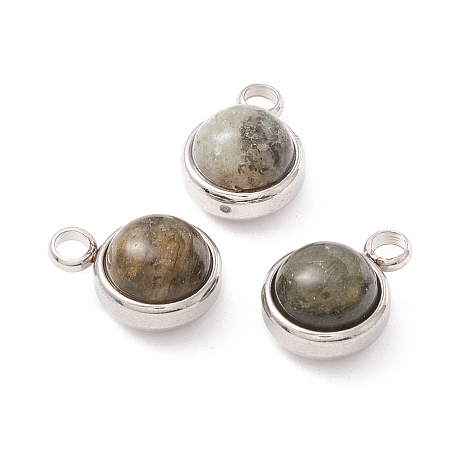 Honeyhandy Natural Labradorite Charms, with 304 Stainless Steel Findings, Half Round, Stainless Steel Color, 13.5x10x7.5mm, Hole: 2.5mm