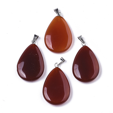 Honeyhandy Natural Carnelian/Red Agate Pendants, Dyed & Heated, with Stainless Steel Snap On Bails, Teardrop, 32~33x20~21x5~6mm, Hole: 6x3mm