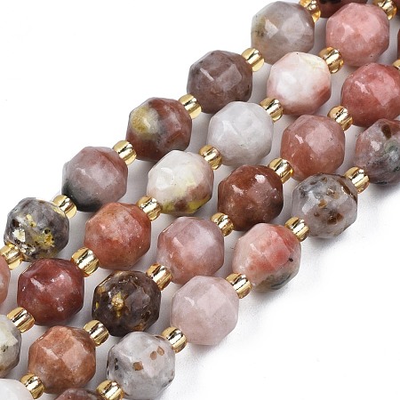 Honeyhandy Natural Plum Blossom Jasper Beads Strands, with Seed Beads, Faceted Bicone Barrel Drum, 7~8x7~8mm, Hole: 1mm, about 35~38pcs/strand, 13.82 inch~14.84 inch(35.1~37.7cm)