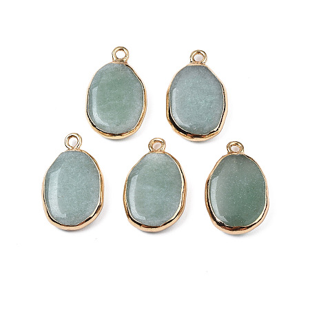 Natural Green Aventurine Pendants, with Light Gold Plated Brass Findings, Oval, 22~22.5x13~13.5x4.5~5mm, Hole: 1.6mm