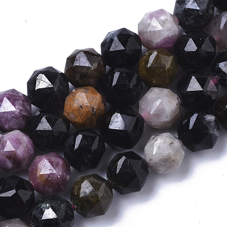 Honeyhandy Natural Tourmaline Beads Strands, Faceted, Star Cut Round Beads, 8~9mm, Hole: 0.9~1mm, about 23~26pcs/Strand, 7.28 inch~7.68 inch(18.5~19.5cm)