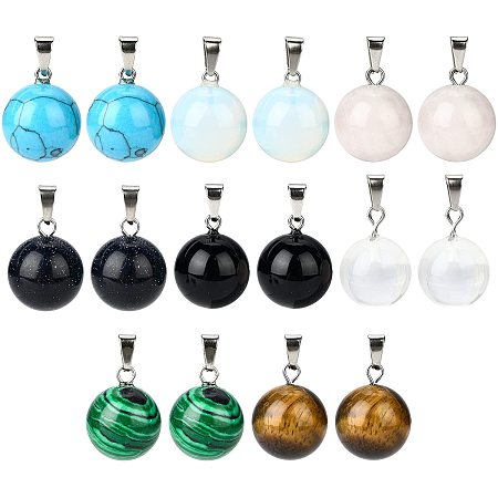 NBEADS 16 Pcs 8 Styles Round Gemstone Pendants, Natural and Synthetic Stone Charms Round Stone Beads with Iron Loops for Necklace Jewelry Making