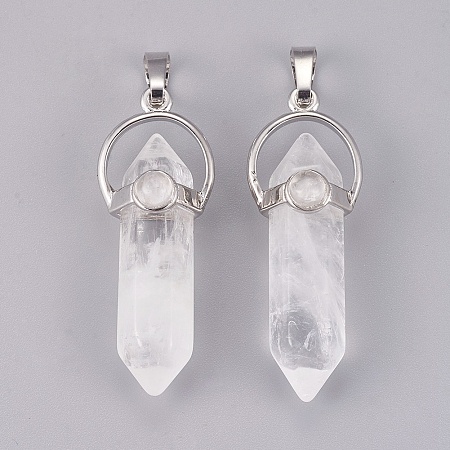 Honeyhandy Natural Quartz Crystal Double Terminated Pointed Pendants, with Brass Findings, Bullet, Platinum, 38.5~40.5x14.5x13mm, Hole: 4x8mm