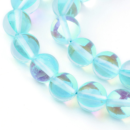 Honeyhandy Synthetic Moonstone Beads Strands, Holographic Beads, Dyed, Round, Light Sky Blue, 8mm, Hole: 1mm, about 45~47pcs/strand, 14~15 inch