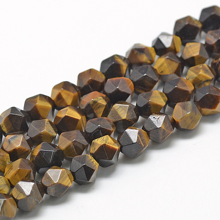 Honeyhandy Natural Tiger Eye Beads Strands, Star Cut Round Beads, Faceted, 8~10x7~8mm, Hole: 1mm, about 48pcs/strand, 15.3 inch
