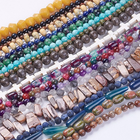 NBEADS Natural & Synthetic Gemstone Beads Strands, Mixed Shapes, Mixed Color, 5.5~35x5~15mm, Hole: 1mm; about 11~60pcs/strand, 13.6