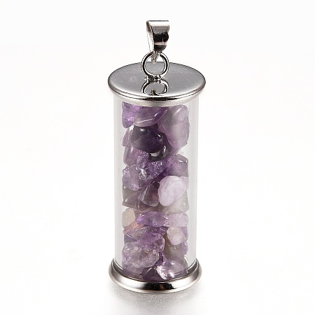 Honeyhandy Alloy & Glass Wish Bottle Pendants, with Natural Amethyst Chips, Platinum, Column, 35x13.5mm, Hole: 4x3.5mm