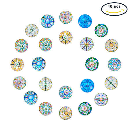 PandaHall Elite 40PCS 18mm Round Flatback Glass Dome Cabochons Gems for Jewelry Making Handcrafts Scrapbooking (Kaleidoscope Pattern)