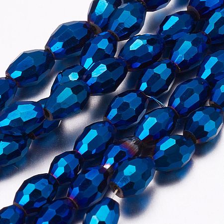 NBEADS Full Plated Glass Faceted Rice Beads Strands, Blue Plated, 6x4mm, Hole: 1mm; about 72pcs/strand, 16