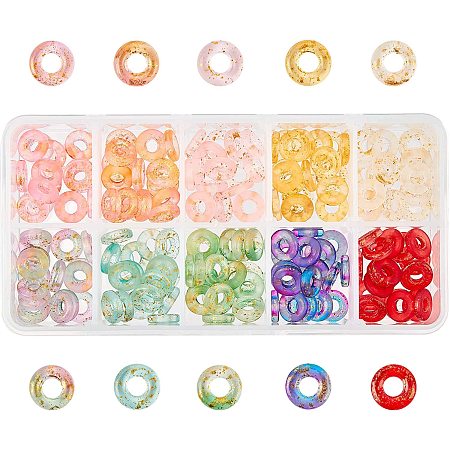 BENECREAT 200Pcs 10mm Spray Painted Glass European Beads, 10 Colors Donut Glass Beads with Storage Box for Necklace Bracelet Making - Hole, 4mm