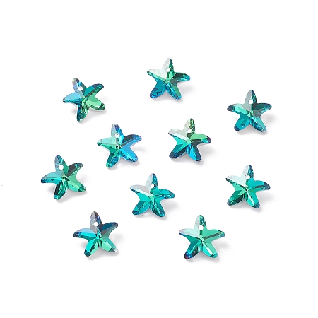 Electroplate Glass Charms, Starfish, Faceted, Back Plated, Medium Aquamarine, 14x15x7mm, Hole: 1.4mm