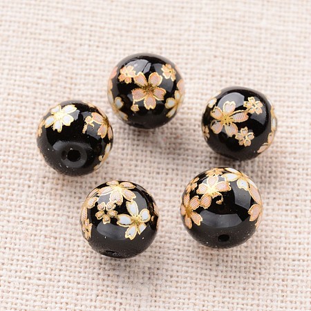 Honeyhandy Flower Picture Printed Glass Round Beads, Black, 10mm, Hole: 1mm