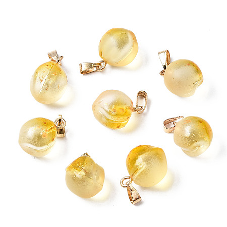 ARRICRAFT Two Tone Transparent Spray Painted Glass Pendants, with Golden Plated Iron Bails and Gold Foil, Frosted, Peach, Gold, 16~17x11~12x11~12mm, Hole: 6x2mm