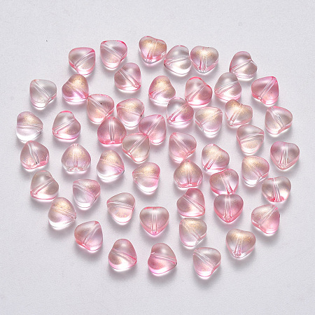 Arricraft Transparent Spray Painted Glass Beads, with Glitter Powder, Heart, Pearl Pink, 6x6x4mm, Hole: 0.7mm