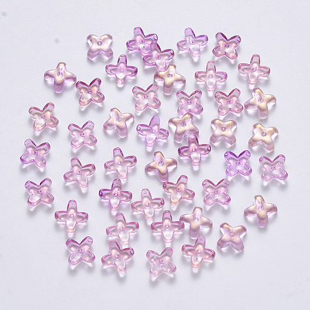 Arricraft Transparent Spray Painted Glass Beads, with Glitter Powder, Clover, Plum, 8x8x3mm, Hole: 0.9mm