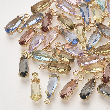 NBEADS Faceted Glass Pendants, with Golden Tone Brass Open Back Settings, Teardrop, Mixed Color, 14.5x4.5x4mm, Hole: 1mm