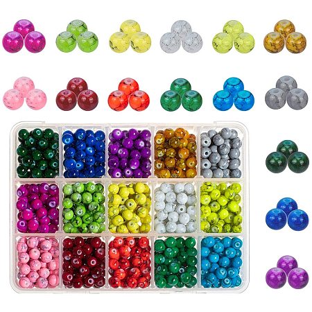 PH PandaHall 15 Colors Drawbench Glass Beads, 975pcs 6mm Lampwork Glass Round Beads for Bracelet Necklace Jewelry Making