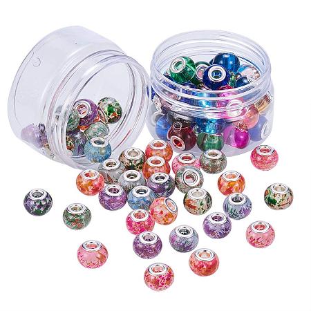 NBEADS 2 Box 80 Pcs Mixed Color Spray Painted & Glass European Beads, Large Hole Rondell Beads with Silver Tone Brass Cores fit Bracelet Necklace Jewelry Making