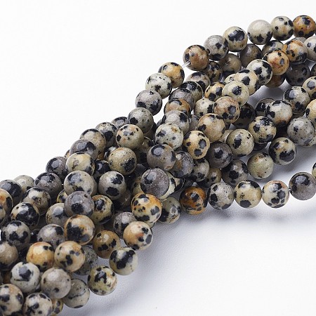 Honeyhandy Natural Gemstone Bead Strands, Round Dalmatian Beads, Pale Goldenrod, 6mm, Hole: 0.8mm, about 60pcs/strand, 15 inch/strand