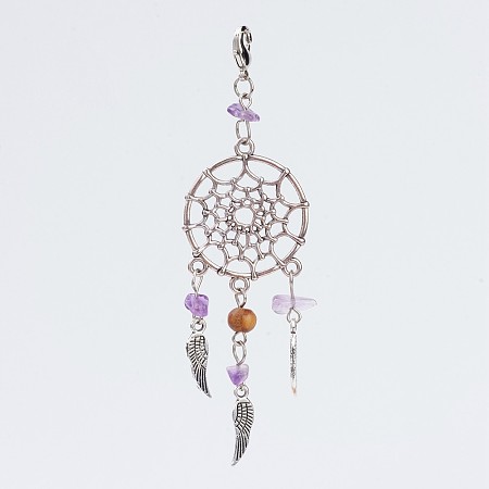 Alloy Pendants, Woven Net/Web with Feather, with Amethyst Beads and Brass Lobster Claw Clasps, Antique Silver and Platinum, 85.5mm