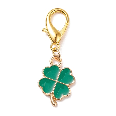 Honeyhandy Alloy Enamel Clover Pendant Decorations, Lobster Clasp Charms, Clip-on Charms, for Keychain, Purse, Backpack Ornament, Teal, 35mm