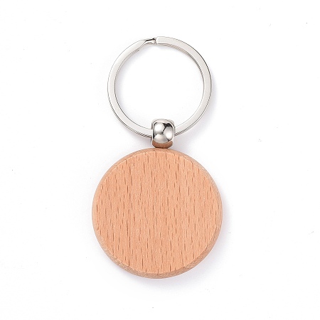 Honeyhandy Natural Wood Keychain, with Platinum Plated Iron Split Key Rings, Flat Round, BurlyWood, 7.5cm, Flat Round: 48.5x39.5x7mm