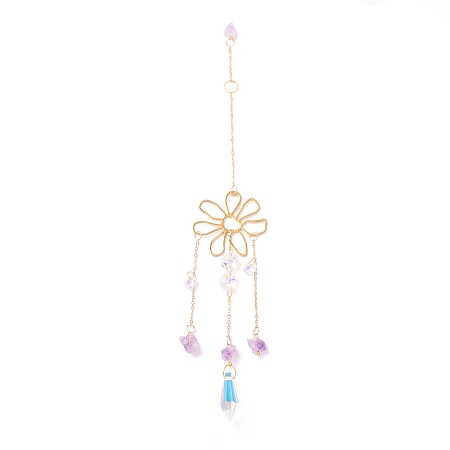 Honeyhandy Hanging Crystal Aurora Wind Chimes, with Prismatic Pendant, Flower-shaped Iron Link and Natural Amethyst, for Home Window Lighting Decoration, Golden, 315mm