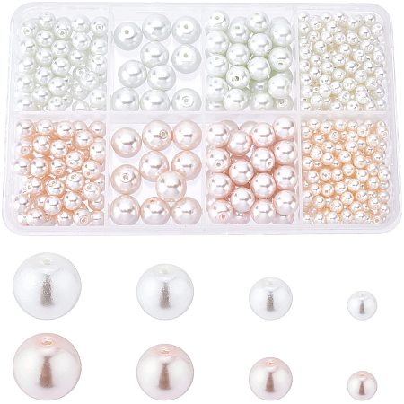 NBEADS 480 Pcs 4 Sizes Pearlized Glass Beads, 2 Colors 4mm/6mm/8mm/10mm Baking Painted Pearlized Spacer Loose Imitation Pearl Beads for Jewelry Making Vase Fillers Party Home Decoration