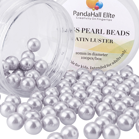 PandaHall Elite 10mm About 100Pcs Tiny Satin Luster Glass Pearl Round Beads Assortment Lot for Jewelry Making Round Box Kit Languid Lavender