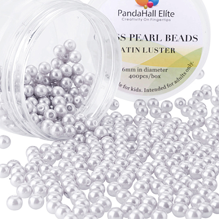 PandaHall Elite 6mm About 400Pcs Tiny Satin Luster Glass Pearl Round Beads Assortment Lot for Jewelry Making Round Box Kit Languid Lavender